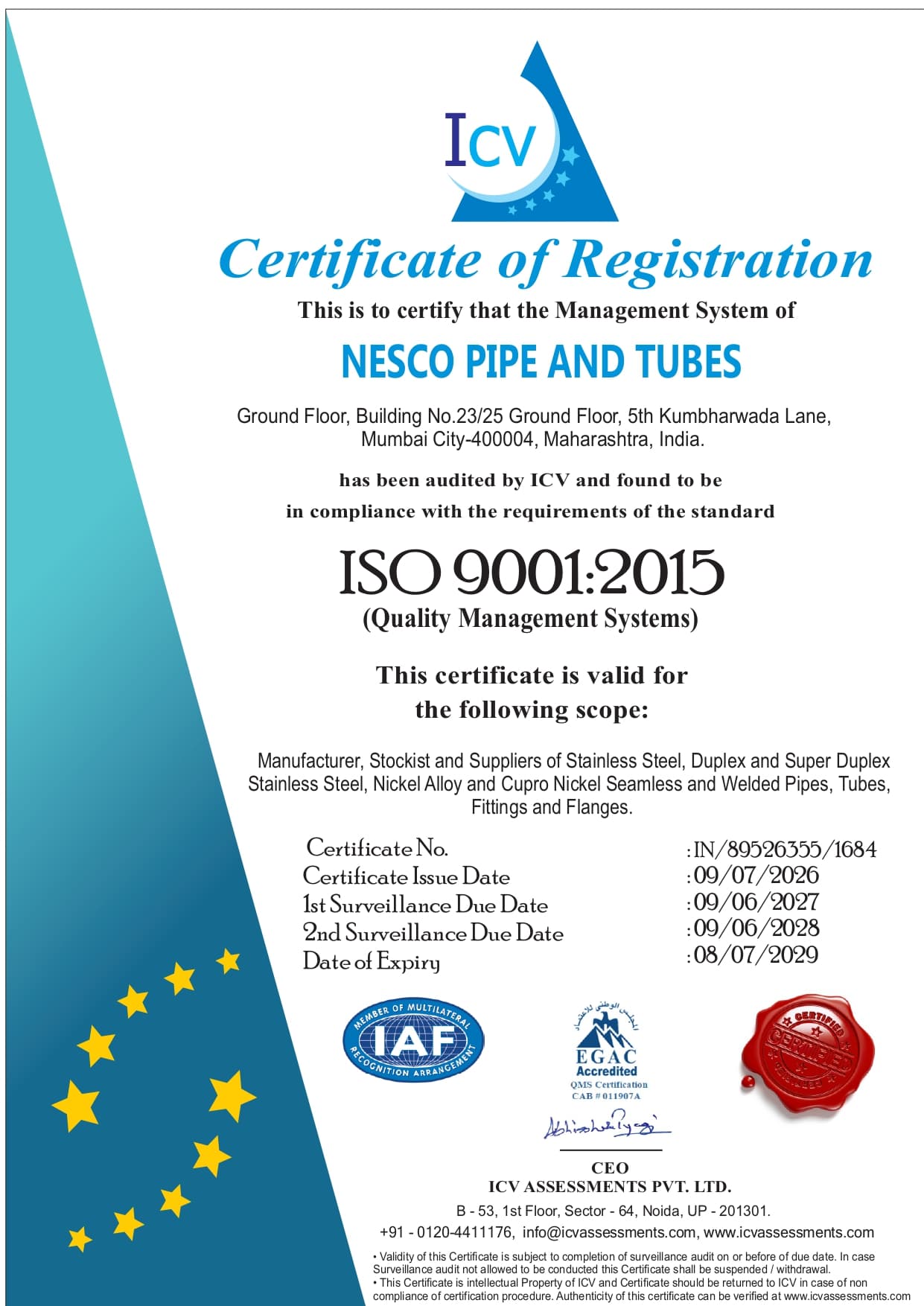 ISO 9001:2015 certificate issued to NESCO Pipe & Tubes