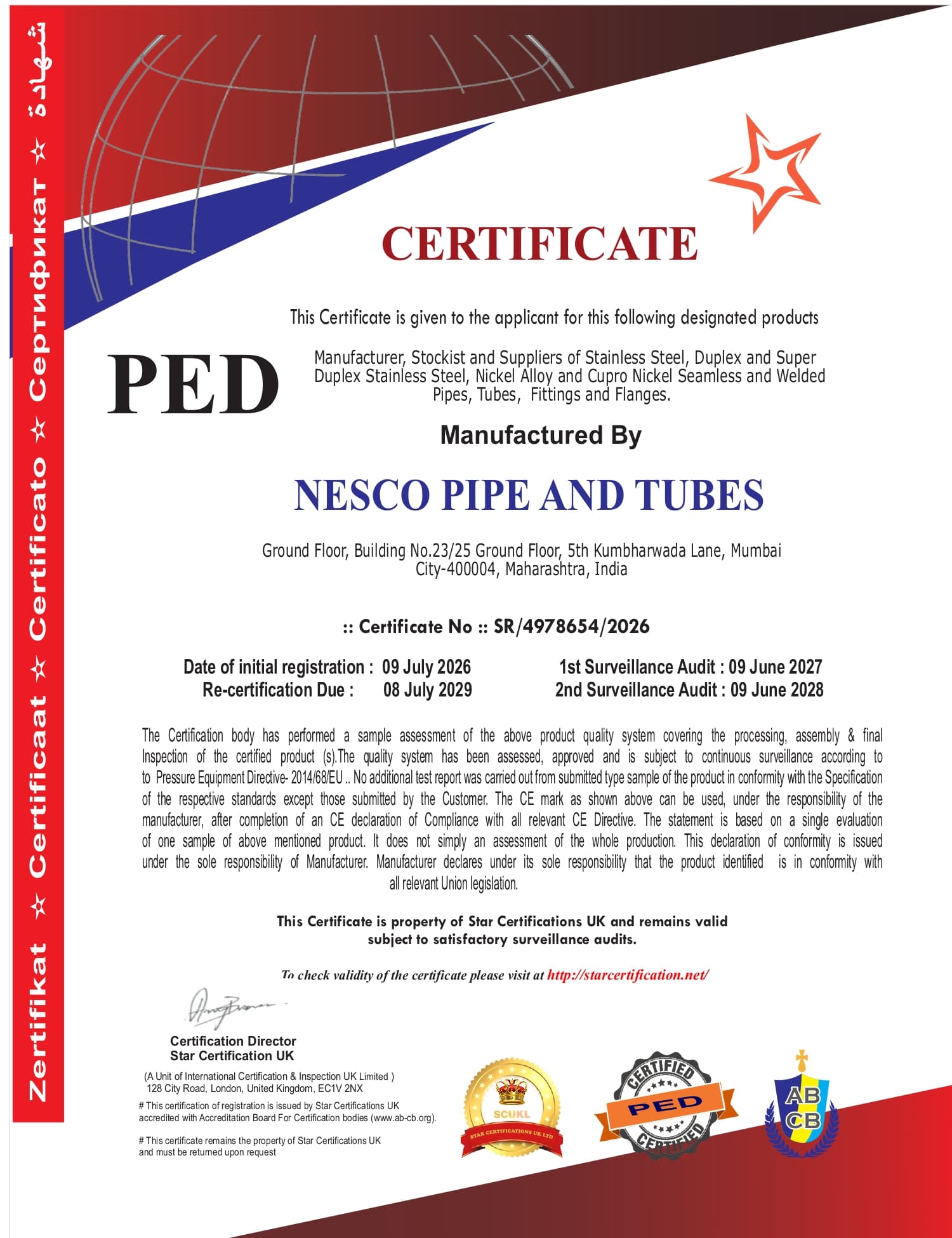 PED 2014/68/EU certificate issued to NESCO Pipe & Tubes